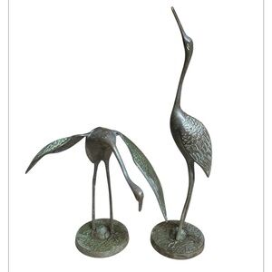 Vintage Solid Brass Cranes Set of 2 Figurines MCM Beautiful Patina